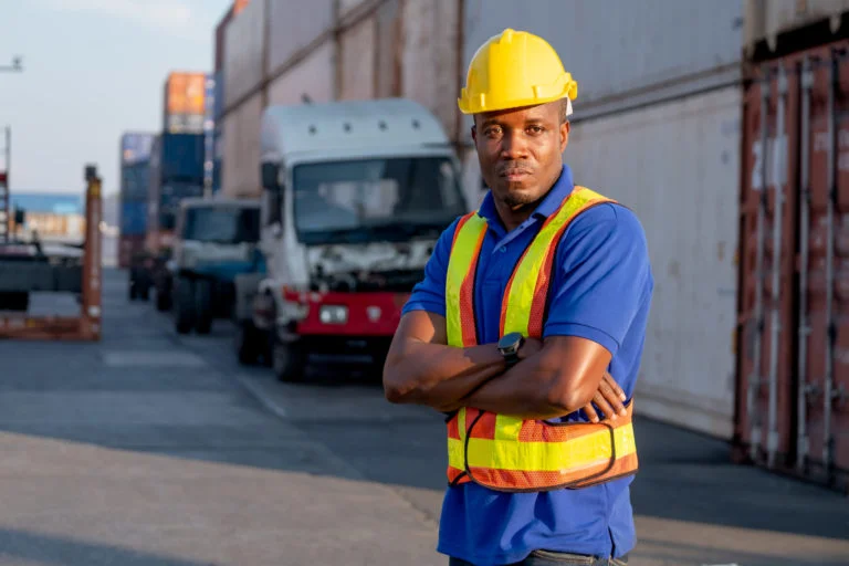 African American foreman or cargo container worker stand with confidence arm crossed