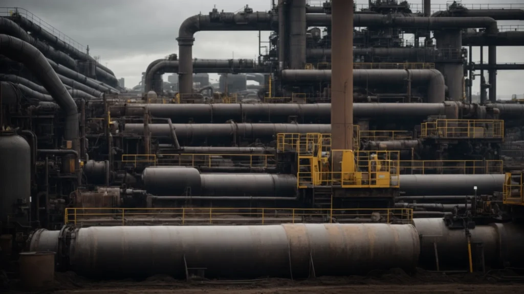 a sprawling industrial worksite looms under a steel-gray sky, dotted with machinery and open pipes waiting to be sealed.