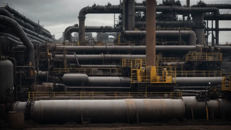 a sprawling industrial worksite looms under a steel-gray sky, dotted with machinery and open pipes waiting to be sealed.