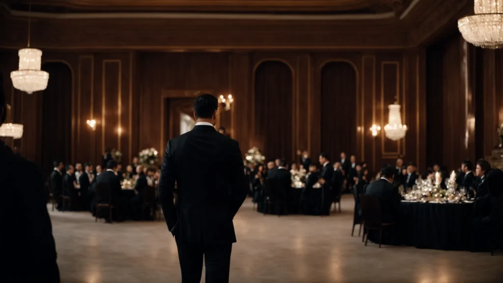 a man in a sharp black suit stands confidently at a formal evening event, exuding elegance and sophistication.