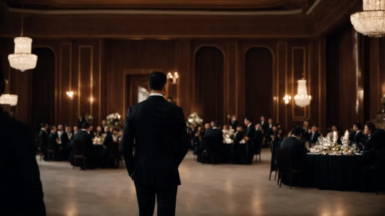 a man in a sharp black suit stands confidently at a formal evening event, exuding elegance and sophistication.