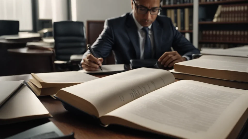 a focused attorney reviews a large legal book in a well-organized office, highlighting key points for a case.