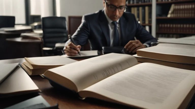 a focused attorney reviews a large legal book in a well-organized office, highlighting key points for a case.