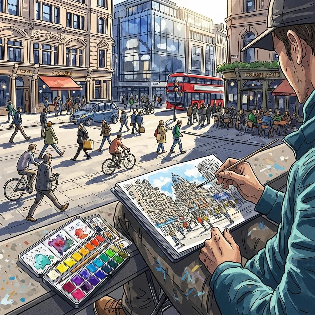 An artist sketching a vibrant urban scene with people and architecture
