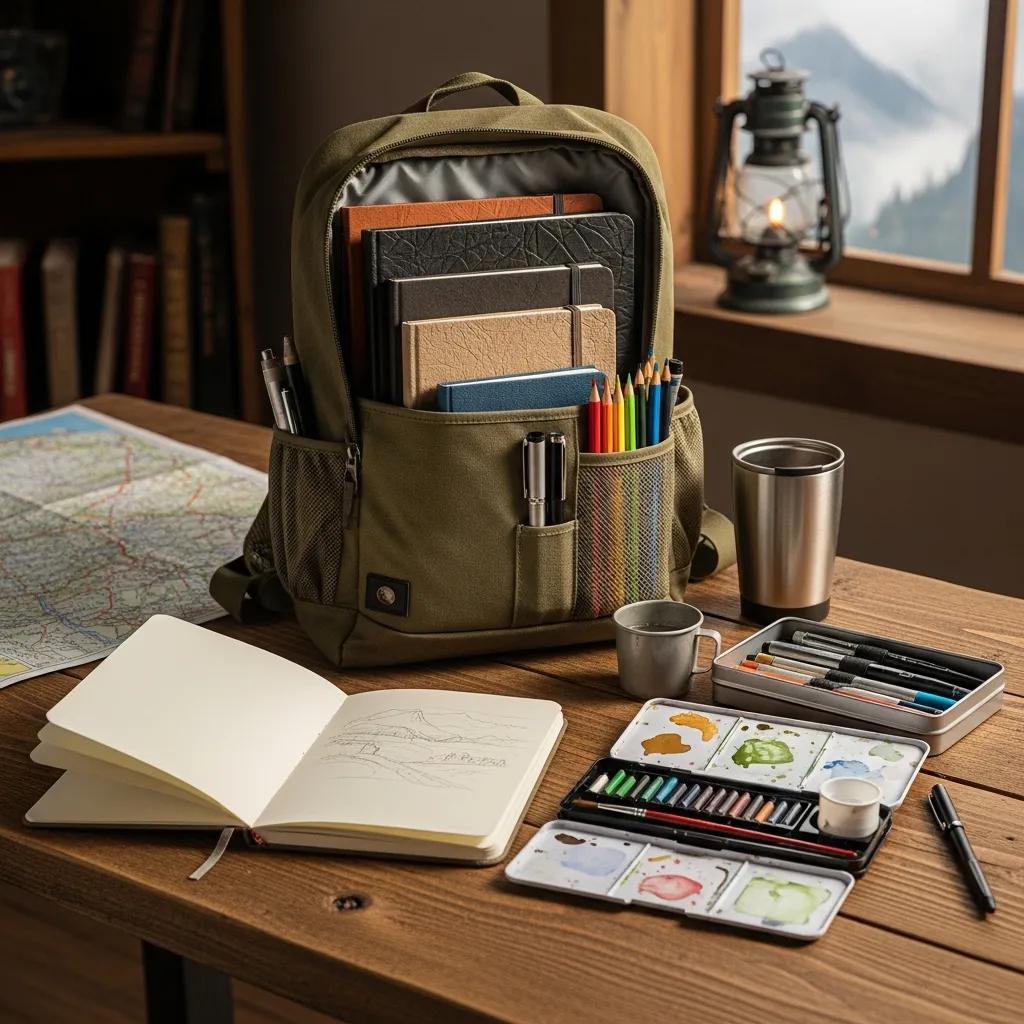 An organized travel sketching kit with sketchbooks and art supplies in a backpack