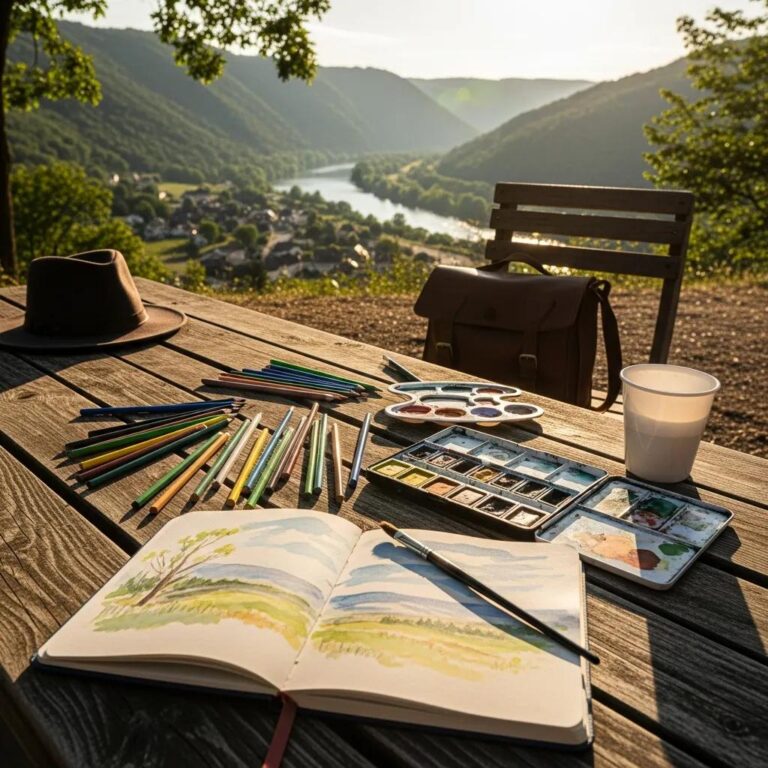 Travel sketching tools including a sketchbook, watercolor set, and colored pencils in an outdoor setting