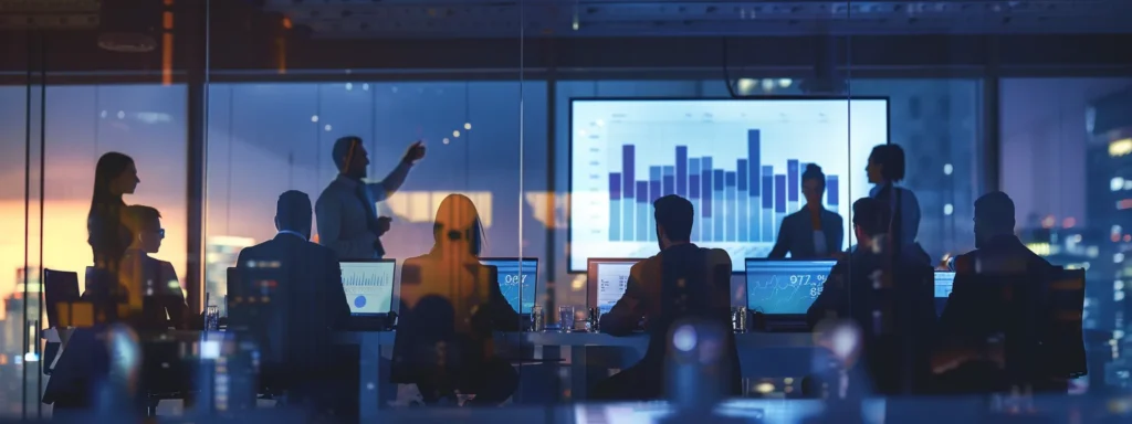 business professionals gathered around a table, pointing at a graph displayed on a large screen showing a significant increase in innovative ideas and products.