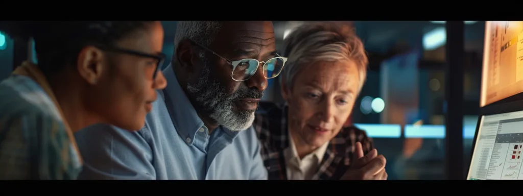 a group of professionals gathered around a computer screen, collaborating on a project using knowledge management software.